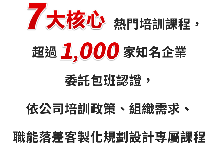 七大核心熱門培訓課程，超過900家知名企業委託包班認證，依公司培訓政策、組織需求、職能落差客製化規劃設計專屬課程